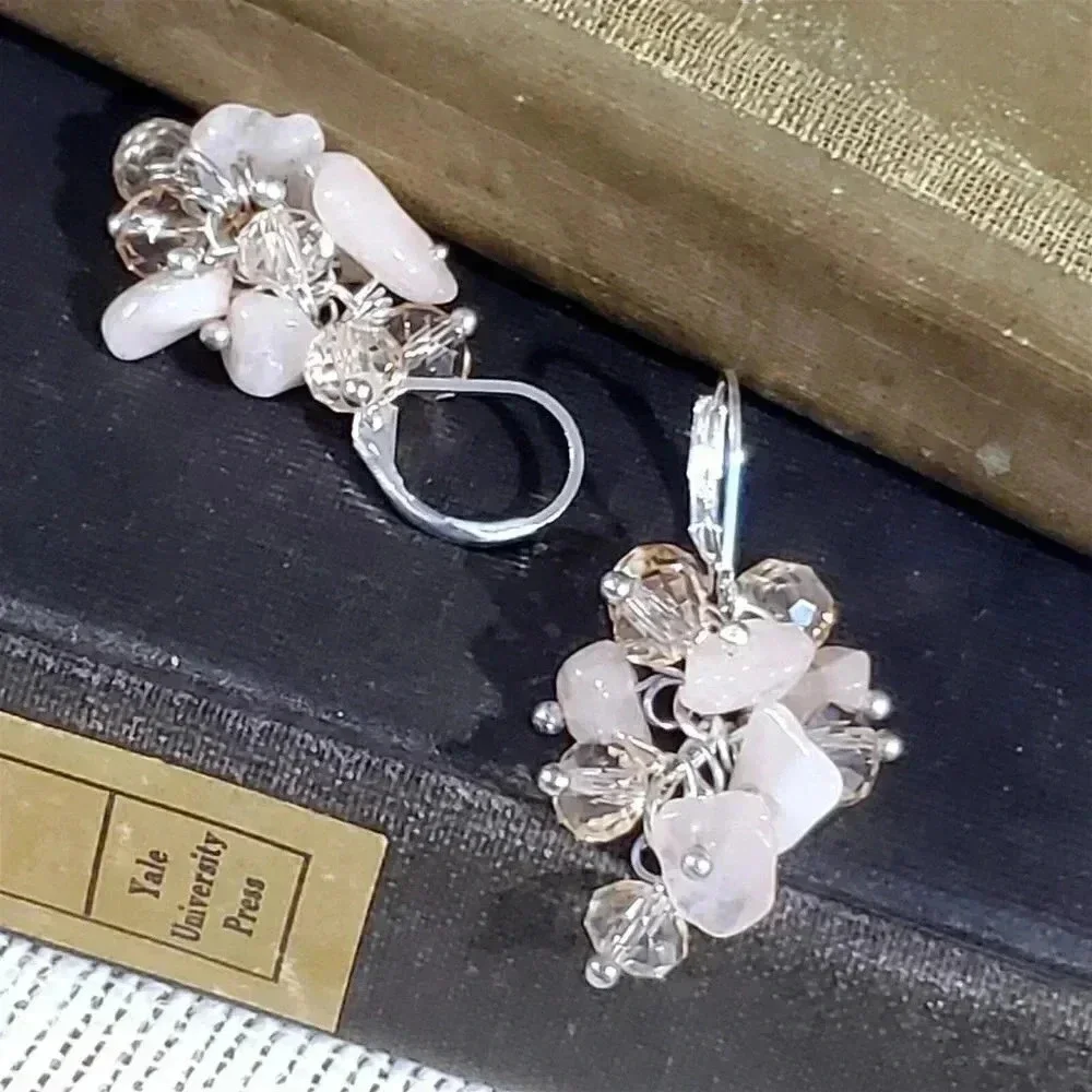 Handcrafted Pink Rose Quartz Gemstone Czech Crystal Beads Silver Plated Earrings